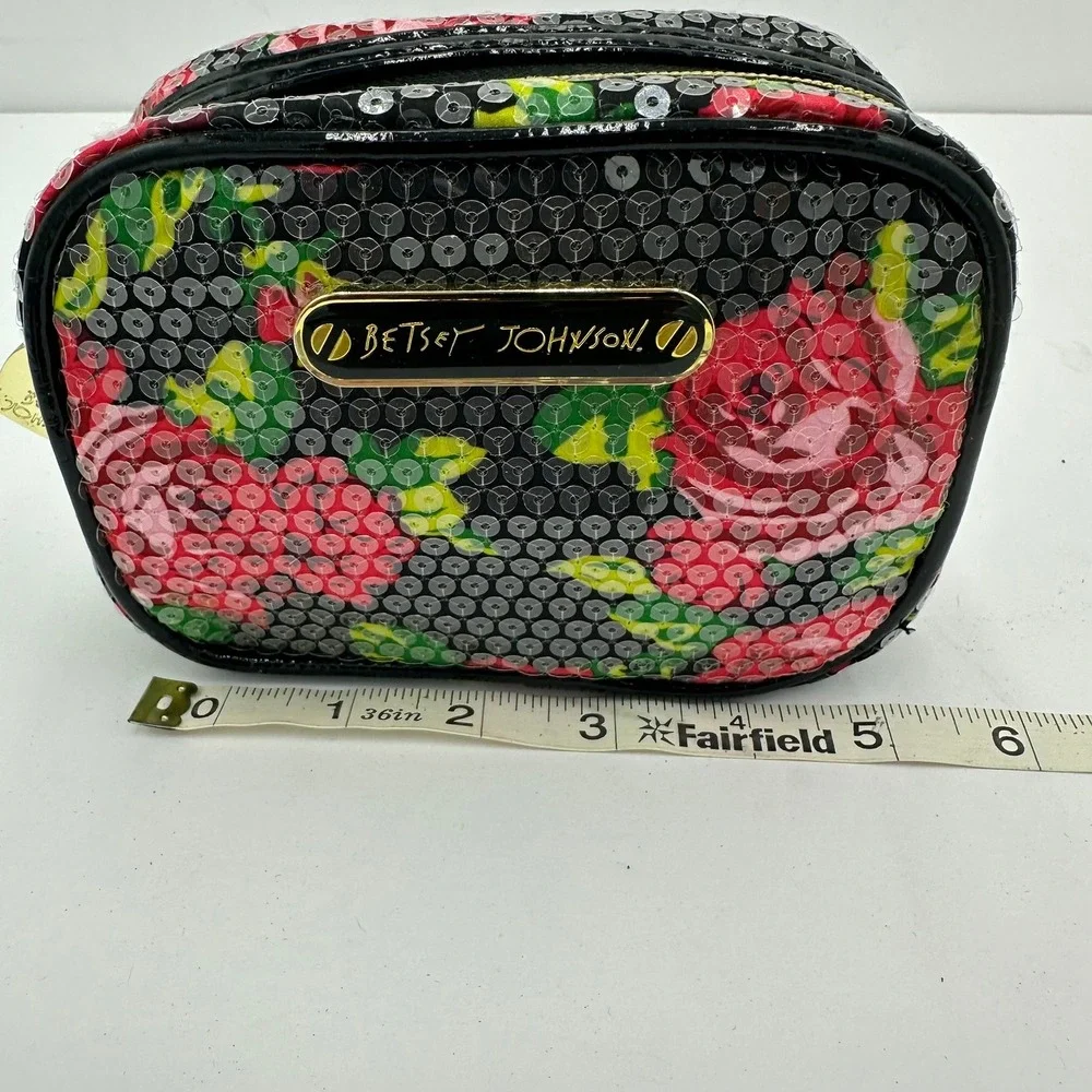 Betsey Johnson Womens Y2K Dark Floral Sequin Mini Cosmetic Bag Heart Zipper Pull